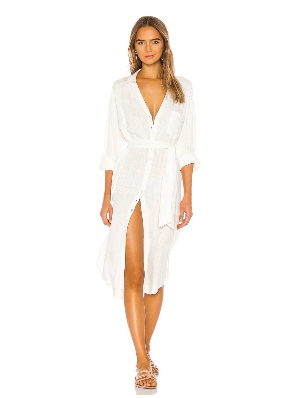 l*space White Button-Front Shirt Dress Robe with Waist Tie
